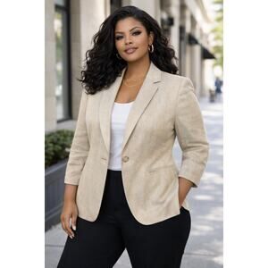 Kasper Linen Blend Blazer 2X Oatmeal One Button Career Jacket Plus Size EUC